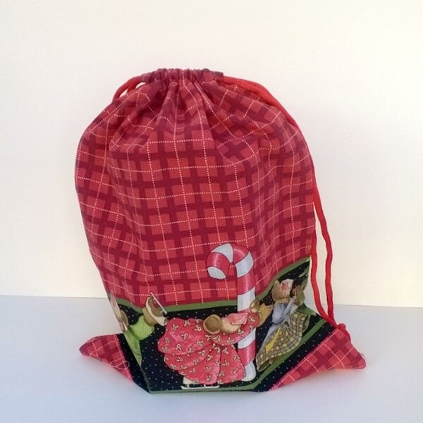 Christmas Mice Extra Large Drawstring Fabric Gift Bag Upcycled, Reusable 12 X 15 Inches