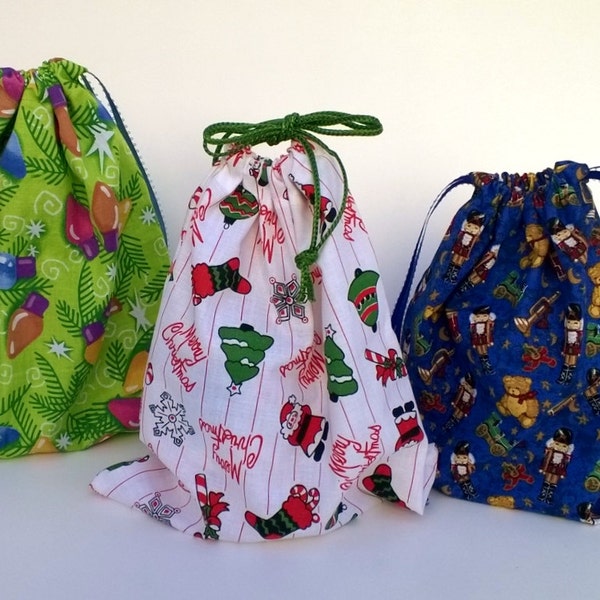 3 Christmas Drawstring Gift Bags Upcycled, Eco-friendly, Sustainable , Lights, Santa and Toys