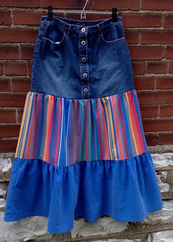 Items similar to Boho Tiered Long Skirt, Womens Size 6 Upcycled ...