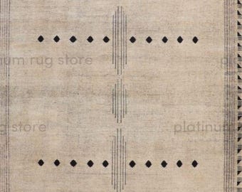 Hand Knotted Minimal Wool Rug | Neutral Beige Modern Geometric Area Rug | Scandinavian Style Handmade Rug for Living Room