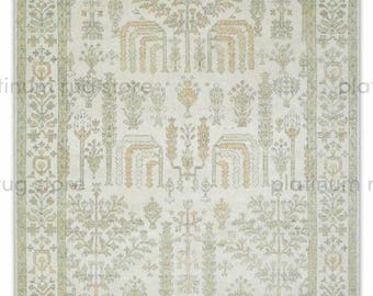 Hand Knotted Ivory Oushak Wool Rug | Soft Green Beige Floral Area Rug | Minimal Turkish Style Handmade Rug for Living Room