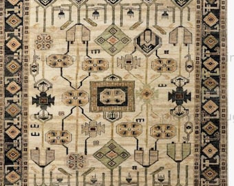 Hand Knotted Tribal Wool Rug | Beige Black Geometric Area Rug | Artisan Handmade Traditional Pattern Rug for Living Room Decor