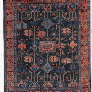 Hand Knotted Tribal Wool Rug | Dark Navy Rust Geometric Area Rug | Traditional Ethnic Pattern Handmade Rug for Living Room Decor image 1