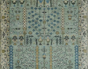Hand Knotted Oushak Wool Rug | Soft Blue Green Floral Area Rug | Traditional Turkish Style Handmade Rug for Living Room Bedroom