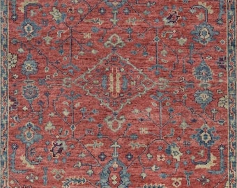 Hand Knotted Red Oushak Wool Rug | Rustic Tribal Floral Area Carpet | Turkish Inspired Traditional Handmade Rug Decor
