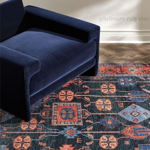 Hand Knotted Tribal Wool Rug | Dark Navy Rust Geometric Area Rug | Traditional Ethnic Pattern Handmade Rug for Living Room Decor image 8