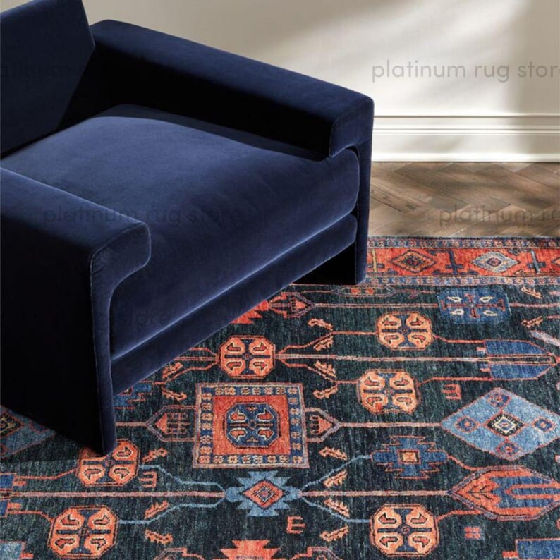 Hand Knotted Tribal Wool Rug | Dark Navy Rust Geometric Area Rug | Traditional Ethnic Pattern Handmade Rug for Living Room Decor image 8