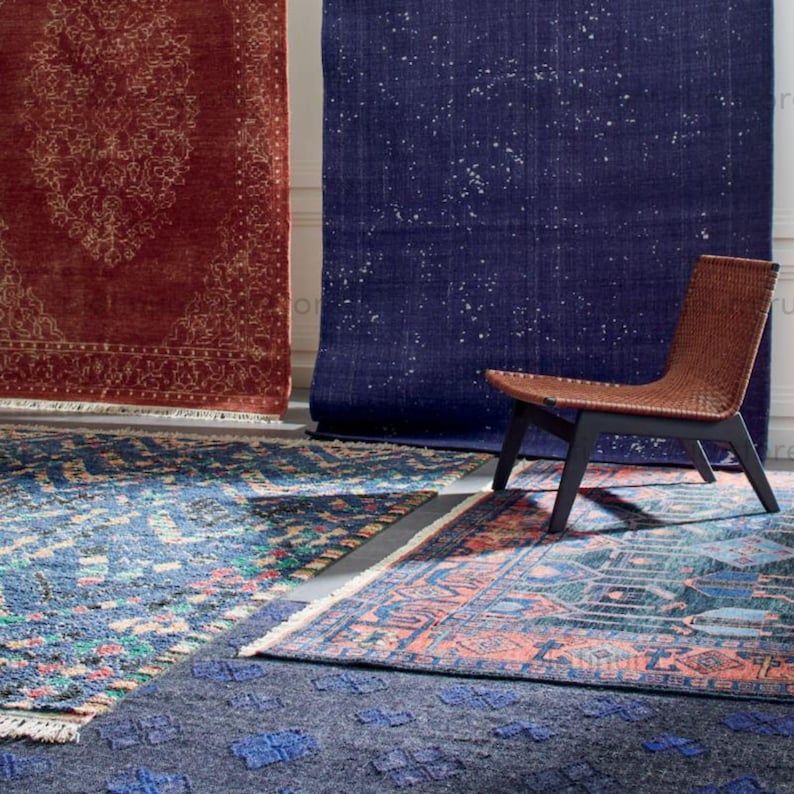 Hand Knotted Tribal Wool Rug | Dark Navy Rust Geometric Area Rug | Traditional Ethnic Pattern Handmade Rug for Living Room Decor image 3