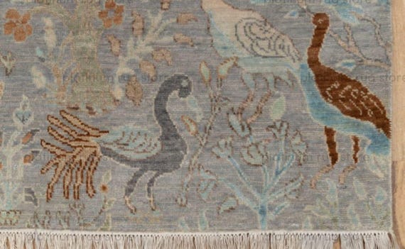 Hand Knotted Wool Rug With Birds And Floral Motifs | Soft Blue Nature Inspired Area Rug | Artisan Handmade Carpet for Living Room