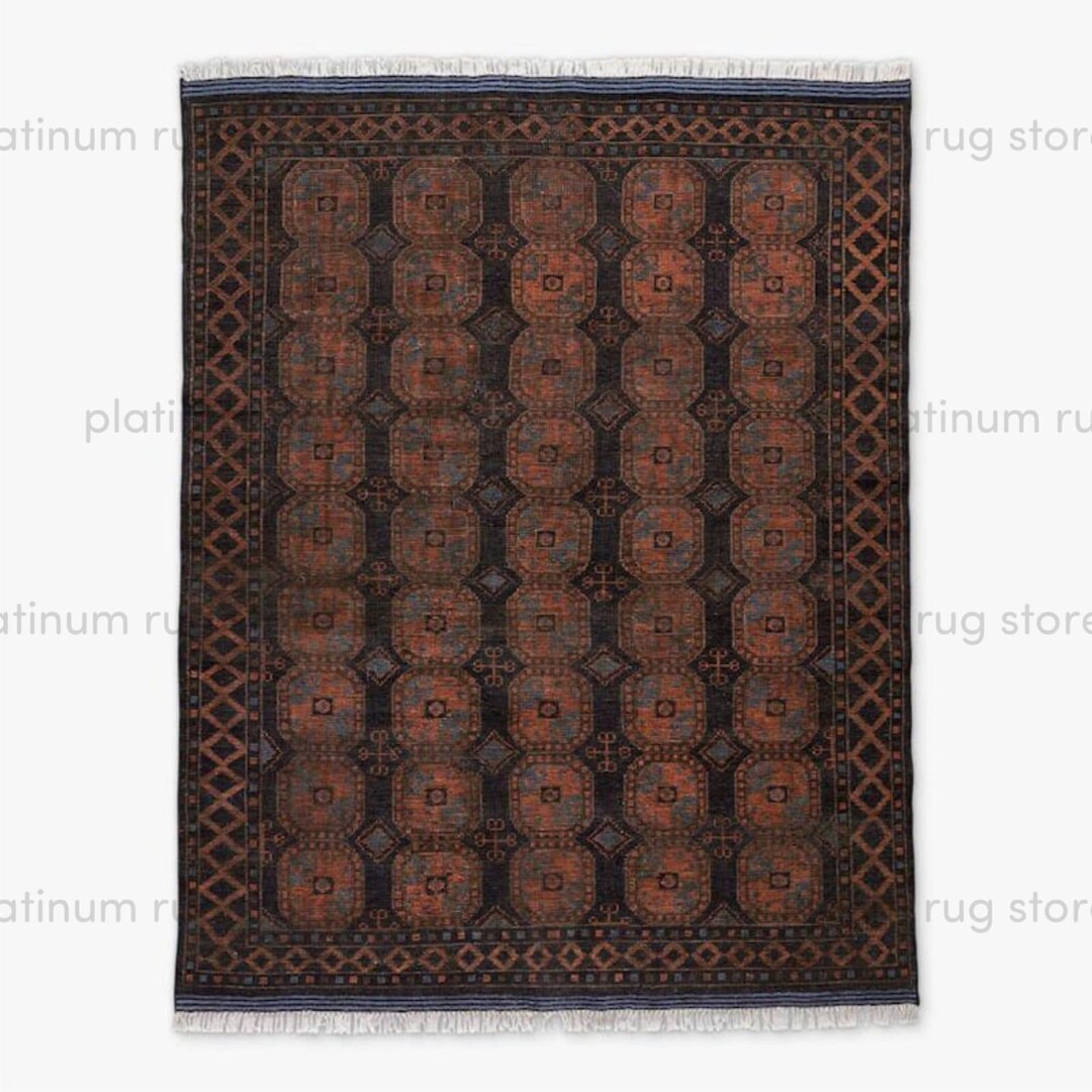 Hand Knotted Geometric Wool Rug | Dark Brown Tribal Area Rug | Classic ...