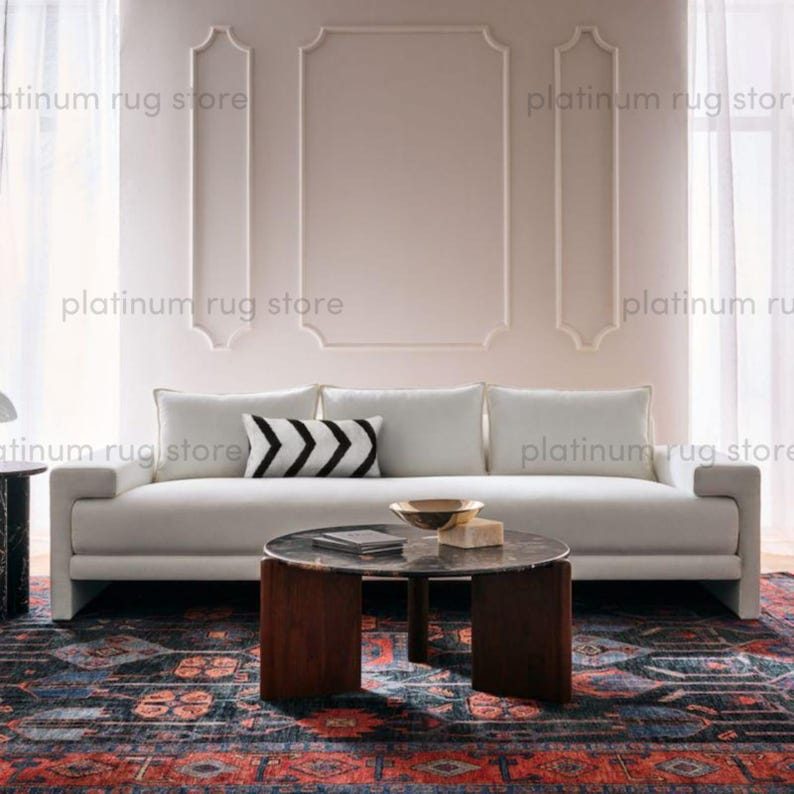 Hand Knotted Tribal Wool Rug | Dark Navy Rust Geometric Area Rug | Traditional Ethnic Pattern Handmade Rug for Living Room Decor image 4