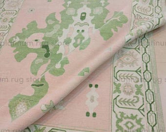 Hand Knotted Pastel Pink Green Oushak Wool Rug | Soft Floral Turkish Style Area Rug | Elegant Handmade Rug for Living Room
