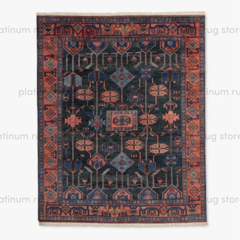 Hand Knotted Tribal Wool Rug | Dark Navy Rust Geometric Area Rug | Traditional Ethnic Pattern Handmade Rug for Living Room Decor image 1