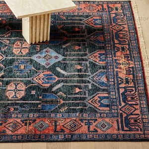 Hand Knotted Tribal Wool Rug | Dark Navy Rust Geometric Area Rug | Traditional Ethnic Pattern Handmade Rug for Living Room Decor image 6
