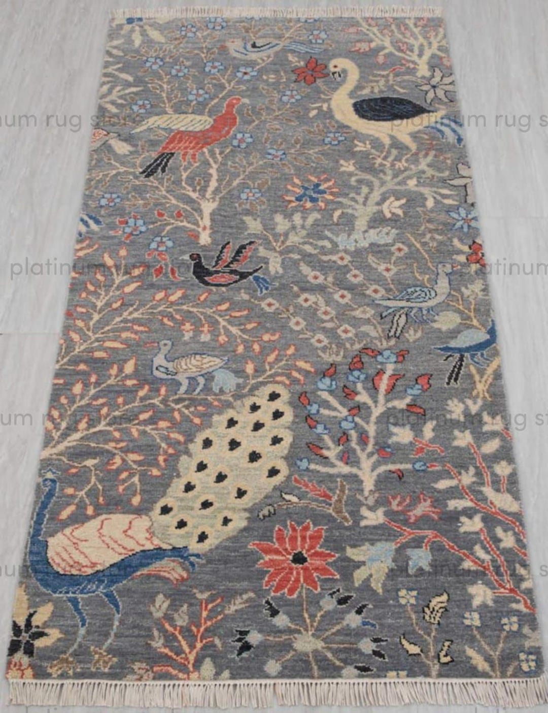 Hand Knotted Bird Pattern Wool Rug | Grey Blue Floral Area Rug | Nature ...