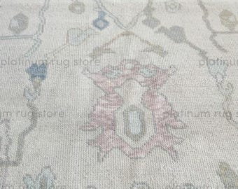 Handgeknoopt neutraal Oushak-wollen vloerkleed | Zacht ivoorbeige vloerkleed | Licht traditioneel handgemaakt vloerkleed voor minimale woonkamerinrichting
