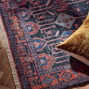 Hand Knotted Tribal Wool Rug | Dark Navy Rust Geometric Area Rug | Traditional Ethnic Pattern Handmade Rug for Living Room Decor image 2