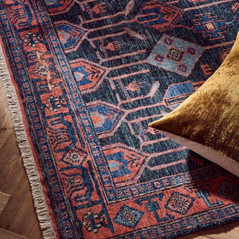 Hand Knotted Tribal Wool Rug | Dark Navy Rust Geometric Area Rug | Traditional Ethnic Pattern Handmade Rug for Living Room Decor image 2