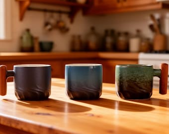 Taza de espresso artesanal de cerámica japonesa con asa de madera: minitaza de cerámica hecha a mano para amantes del espresso, el té y el sake.