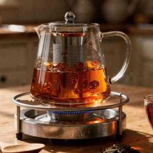 Puede incluir: Una tetera de vidrio transparente con un infusor de acero inoxidable, llena de té color ámbar. La tetera está sobre un soporte plateado para calentar, sobre una llama azul. Una cuchara de madera y una taza de té están cerca.