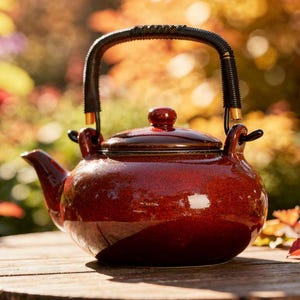 Puede incluir: Una tetera de cerámica roja con asa y pomo de tapa negros sobre una mesa de madera. La tetera tiene un acabado brillante y un pico curvo. El fondo está borroso, mostrando follaje colorido.