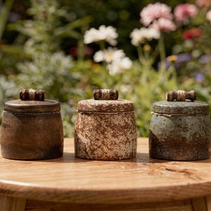 Puede incluir: Tres tarros de cerámica con tapas sobre una mesa de madera. Los tarros son cilíndricos con superficies texturizadas en marrón, beige moteado y turquesa. Cada tarro tiene un pequeño pomo decorativo de madera en la parte superior. El fondo es un jardín borroso.