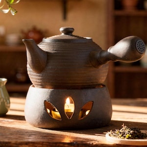 Può includere: Una teiera in ceramica marrone con scaldavivande incorporato, con ritagli a forma di foglia che illuminano una candela all'interno. La teiera ha una superficie strutturata e un manico rotondo con un'estremità perforata. Foglie di tè su un piatto di legno.