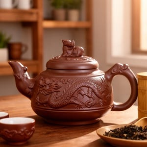 Könnte beinhalten: Braune Keramik-Teekanne mit Drachendesign und kleiner Tierfigur auf dem Deckel. Die Teekanne hat einen gebogenen Ausguss und Griff und wird von zwei kleinen Tassen und einem Holzlöffel begleitet.