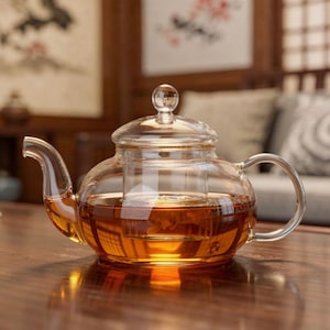 Könnte beinhalten: Eine transparente Glas-Teekanne mit gebogenem Ausguss und Griff. Die Teekanne hat einen Glas-Infusionskorb im Inneren und ist mit bernsteinfarbenem Tee gefüllt. Der Deckel hat einen kleinen, runden Knopf. Die Teekanne steht auf einer Holzoberfläche.