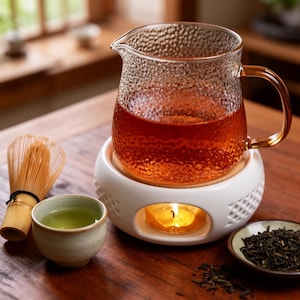 Può includere: Una teiera di vetro piena di tè è posta su un scaldavivande bianco con una candela accesa. Una piccola ciotola di tè verde, un frullino di bambù e un piatto di foglie di tè sfuse sono anche sulla superficie di legno. La teiera ha una superficie strutturata e un manico dorato.