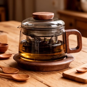 Puede incluir: Una tetera de vidrio transparente con asa, tapa y base de madera. La tetera contiene té y un infusor de acero inoxidable. Cucharas de madera y una pequeña bandeja de madera están sobre la mesa de madera.