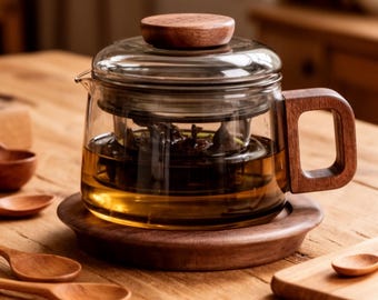 Japanese Wooden Glass Teapot Set 200ml – Minimalist Heat-Resistant Tea Brewer with Infuser, Cup & Optional Coaster Modern Zen Tea Lover Gift