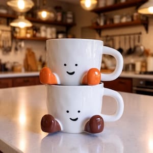 Puede incluir: Dos tazas de cerámica blancas apiladas, cada una con un diseño de cara sonriente. La taza superior tiene apéndices naranjas, mientras que la inferior tiene apéndices marrones, dando la apariencia de brazos y piernas. Las tazas tienen un diseño simple y moderno.