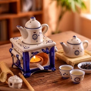 May include: A white and blue ceramic tea set with a teapot warmer, two teapots, two teacups, and a small bowl of tea leaves. The warmer has a candle inside. The set is decorated with blue floral patterns.