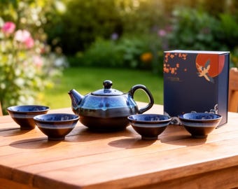 Blue Glazed Ceramic Tea Set with Gift Box, Japanese & Chinese Kung Fu Teapot and Cups, Handmade Pottery Tea Ceremony Gift