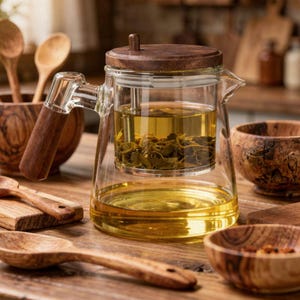 Può includere: Una teiera in vetro con manico, coperchio e infusore in legno, piena di tè preparato e foglie di tè. La teiera è su una superficie di legno, circondata da ciotole e cucchiai di legno, suggerendo un tema di consumo di tè.