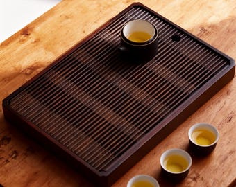 Premium Dark Walnut Bamboo Tea Tray for Gongfu Tea Ceremony Elegant Japanese Style Serving Board Home Decor and Luxury Gift