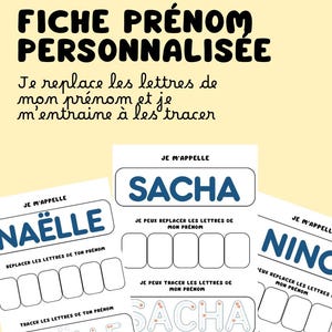 Può includere: Fogli di lavoro didattici per bambini con il testo "FICHE PRÉNOM PERSONNALISÉE". I fogli di lavoro includono attività di completamento e tracciamento per i nomi. I nomi "SACHA", "NAËLLE" e "NINO" sono visualizzati in blu. È presente anche il logo di Instagram.