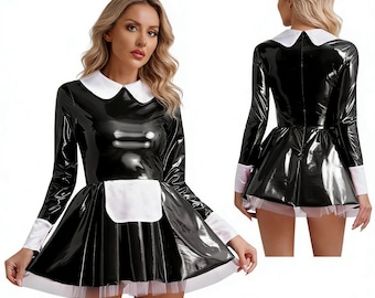 Womens Glossy Patent Leather Maid Dress Satin Apron Tulle Underskirt ALine French Maid Sweet Lolita Uniform Cosplay Costume