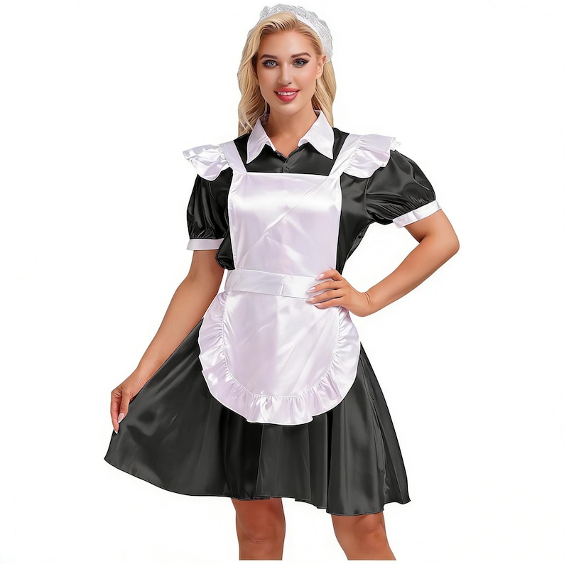 Womens French Maid Cosplay Costume Puff Sleeve Satin Dress With Apron ...