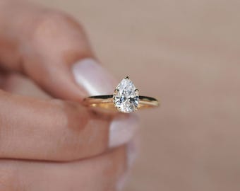 Pear Moissanite Engagement Ring | 14K Gold Hidden Halo, Teardrop Solitaire