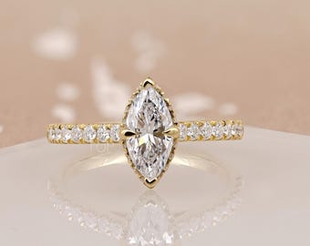 Marquise Moissanite Engagement Ring | 14k Gold Pave, Hidden Halo