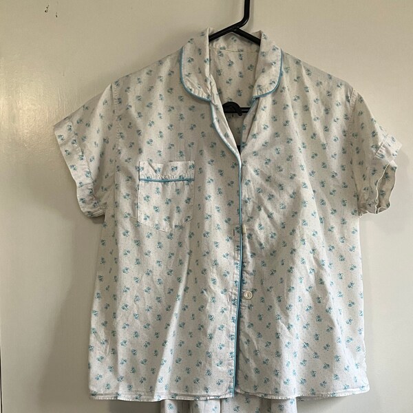 Palest pink 1950's cotton pajama set with tiny blue polka dots and flowers