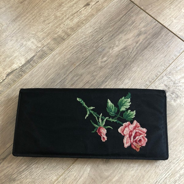 Vintage 1950's Rose petit point embroidered clutch