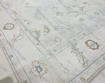 Handgeknoopt crèmekleurig oushak-wollen vloerkleed | Zachtbeige ivoorpastelgebiedtapijt | Traditioneel Turks design handgemaakt vloerkleed voor woonkamerdecoratie
