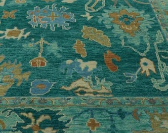 Hand Knotted Teal Oushak Wool Rug | Blue Green Turkish Style Area Carpet | Soft Handmade Wool Floor Rug for Living Room & Bedroom Decor