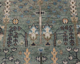 Hand Knotted Oushak Wool Rug in Teal Ivory | Traditional Turkish Style Area Carpet | Elegant Floral Design Handmade Wool Rug for Home Decor