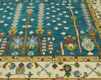 Hand Knotted Teal Oushak Wool Rug | Traditional Floral Design Carpet | Handmade Turkish Style Area Rug for Living Room & Home Decor