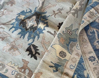 Hand Knotted Light Blue Beige Oushak Wool Rug |Turkish Style Floral Area Carpet | Soft Pastel Traditional Rug for Living Room & Bedroom