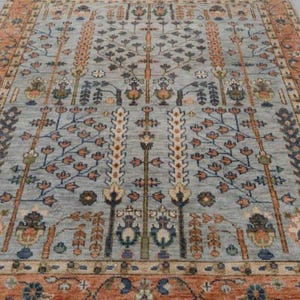 Handgeknoopt blauw roestkleurig Oushak-wollen vloerkleed | Tapijt in traditionele Turkse stijl | Handgemaakt vloerkleed met bloemenpatroon voor woonkamer en slaapkamer